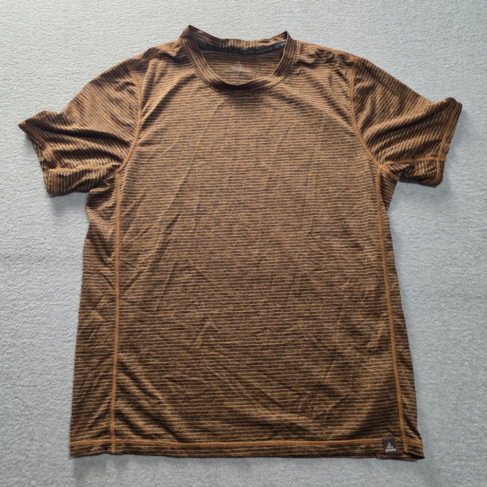 prAna  Athletic T-Shirt Mens XS Brown Black Heather Stripe Performance Hiking